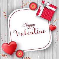 banner di auguri di buon San Valentino con confezione regalo, cuore rosso e candele su struttura in legno vettore