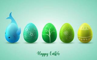 illustrazione vettoriale di divertenti uova di Pasqua su sfondo verde soleggiato
