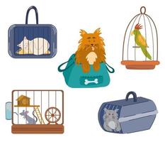 animali domestici seduti in una borsa da viaggio. animali in borsa e gabbia per animali domestici, trasporto di cani, gatti, rossi e pappagalli. trasporto di animali. illustrazione del fumetto di vettore