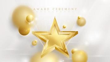 sfondo della cerimonia di premiazione con stella d'oro ed elemento a sfera 3d con decorazione effetto sfocato e luce glitterata e bokeh. vettore