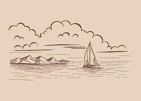 paesaggio marino. paesaggio, mare, barca a vela, rocce. illustrazione vettoriale disegnata a mano.