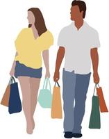 una donna e una donna di diverse nazionalità camminano per il centro commerciale con le borse della spesa vettore