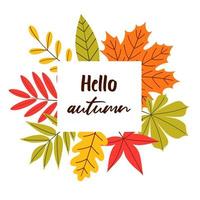 vettore banner autunnale con foglie luminose e la scritta ciao autunno su uno sfondo bianco isolato. illustrazione in stile piatto.