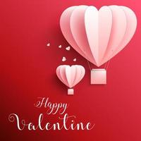 illustrazione vettoriale di felice biglietto di auguri di San Valentino con carta realistica tagliata a forma di cuore che vola in mongolfiera su sfondo rosso
