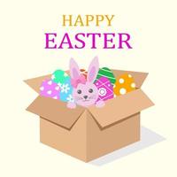 scatola con uova di Pasqua e coniglietto rosa con testo vettore