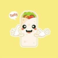 simpatico e kawaii shawarma kebab cartone animato personaggio comico con faccia sorridente gustoso fast food avvolto. emoji kawaii. può essere utilizzato nel menu del ristorante, cibo sano. ingrediente culinario. vettore