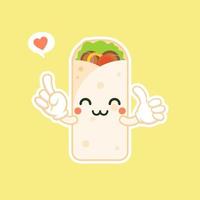 simpatico e kawaii shawarma kebab cartone animato personaggio comico con faccia sorridente gustoso fast food avvolto. emoji kawaii. può essere utilizzato nel menu del ristorante, cibo sano. ingrediente culinario. vettore