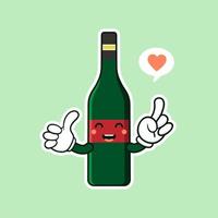 carino e kawaii bottiglia di vino personaggio dei cartoni animati stile piatto illustrazione vettoriale. modello di design del personaggio della bottiglia di vino in vetro sorridente funky per la carta dei vini o la mappa dei vini vettore