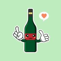 carino e kawaii bottiglia di vino personaggio dei cartoni animati stile piatto illustrazione vettoriale. modello di design del personaggio della bottiglia di vino in vetro sorridente funky per la carta dei vini o la mappa dei vini