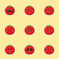 illustrazione vettoriale di design piatto con carattere di pomodoro carino e kawaii. illustrazione vettoriale di verdure felici.. cibo verde, può essere utilizzato nel menu del ristorante, nei libri di cucina e nell'etichetta dell'azienda agricola biologica