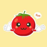 illustrazione vettoriale di design piatto con carattere di pomodoro carino e kawaii. illustrazione vettoriale di verdure felici.. cibo verde, può essere utilizzato nel menu del ristorante, nei libri di cucina e nell'etichetta dell'azienda agricola biologica