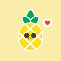 frutta di ananas felice con faccia kawaii carina, personaggio vegetariano divertente con frase, illustrazione in stile piatto per poster per bambini e design t-shirt estiva, isolato su sfondo colorato vettore