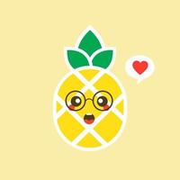 frutta di ananas felice con faccia kawaii carina, personaggio vegetariano divertente con frase, illustrazione in stile piatto per poster per bambini e design t-shirt estiva, isolato su sfondo colorato vettore