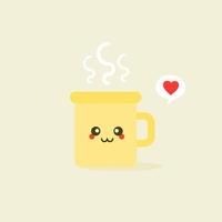 tazza emoji kawaii con guance e occhi. personaggio colorato di belle tazze di doodle in design piatti con facce di simpatici cartoni animati. caffè e tè caldi. illustrazione vettoriale. vettore