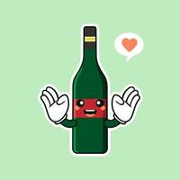 carino e kawaii bottiglia di vino personaggio dei cartoni animati stile piatto illustrazione vettoriale. modello di design del personaggio della bottiglia di vino in vetro sorridente funky per la carta dei vini o la mappa dei vini vettore