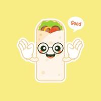 simpatico e kawaii shawarma kebab cartone animato personaggio comico con faccia sorridente gustoso fast food avvolto. emoji kawaii. può essere utilizzato nel menu del ristorante, cibo sano. ingrediente culinario. vettore