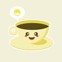 carattere felice del caffè nell'illustrazione di vettore di stile piano. personaggio dei cartoni animati della tazza di caffè con l'espressione divertente