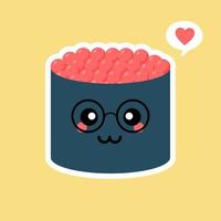 simpatico rotolo di sushi kawaii con caviale. pasto tradizionale giapponese. stile manga cartone animato. personaggio anime divertente con faccia felice. design piatto. illustrazione vettoriale alla moda. modello di logo