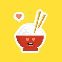 carattere di ciotola di riso carino e kawaii isolato su sfondo colorato. ciotola di riso con emoji ed espressione. può essere utilizzato per ristorante, resto, mascotte, elemento di cultura asiatica, cibo cinese, cibo giapponese, menu.