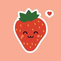 simpatico personaggio dei cartoni animati di frutta fragola isolato su sfondo colorato illustrazione vettoriale. icona faccia emoticon fragola divertente e amichevole. kawaii sorriso cartone animato viso cibo emoji, frutta comica vettore