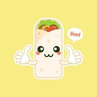 simpatico e kawaii shawarma kebab cartone animato personaggio comico con faccia sorridente gustoso fast food avvolto. emoji kawaii. può essere utilizzato nel menu del ristorante, cibo sano. ingrediente culinario. vettore