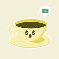 carattere felice del caffè nell'illustrazione di vettore di stile piano. personaggio dei cartoni animati della tazza di caffè con l'espressione divertente