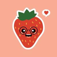 simpatico personaggio dei cartoni animati di frutta fragola isolato su sfondo colorato illustrazione vettoriale. icona faccia emoticon fragola divertente e amichevole. kawaii sorriso cartone animato viso cibo emoji, frutta comica vettore