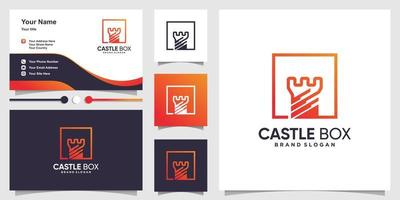 logo della scatola con il concetto di castello creativo all'interno della scatola e design del biglietto da visita vettore premium