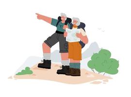 una coppia di anziani che si arrampicano in montagna. anziani con zaini in mountain.vector illustrazione piatta. vettore