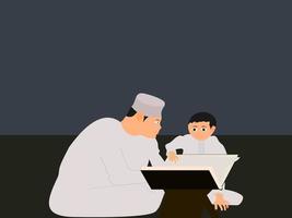 un padre insegna a suo figlio a leggere il Corano vettore