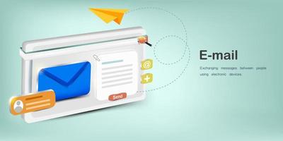 e-mail con dispositivo elettronico e pulsante di ricerca per inviare messaggi o allegare file online vettore