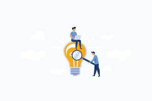 illustrazione vettoriale, assistente online al lavoro. promozione in rete. manager al lavoro a distanza, ricerca di nuove idee soluzioni, collaborazione in azienda, brainstorming vettore