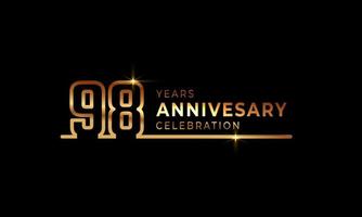 Logotipo di celebrazione dell'anniversario di 98 anni con numeri di carattere dorati costituiti da una linea collegata per eventi celebrativi, matrimoni, biglietti di auguri e inviti isolati su sfondo scuro vettore