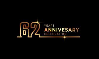 Logotipo di celebrazione dell'anniversario di 62 anni con numeri di carattere dorati costituiti da una linea collegata per eventi celebrativi, matrimoni, biglietti di auguri e inviti isolati su sfondo scuro vettore