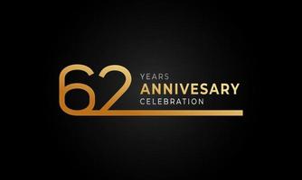 Logotipo di celebrazione dell'anniversario di 62 anni con linea singola color oro e argento per eventi celebrativi, matrimoni, biglietti di auguri e inviti isolati su sfondo nero vettore