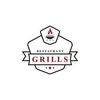 distintivo retrò vintage grill ristorante design logotipo etichetta fuoco fiamma logo disegno vettoriale ispirazione