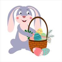 personaggio dei cartoni animati coniglietto di pasqua coniglio con un cesto pieno di uova di Pasqua colorate. vettore