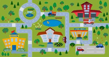 modello senza cuciture per bambini con una mappa stradale. paesaggio urbano con auto. simpatiche illustrazioni per la progettazione di una stanza per bambini, cartoline, stampe per vestiti. vettore