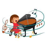 illustrazione vettoriale di una ragazza simpatico cartone animato che suona il pianoforte circondato da note