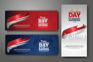 set di banner per la celebrazione del giorno dell'indipendenza indonesiana. 17 agosto felicitation saluto illustrazione vettoriale. sfondi moderni con bandiera indonesiana in stile grunge e icona silhouette città dell'indonesia vettore