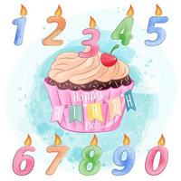 Compleanno Cupcake e candela disegno ad acquerello vettore