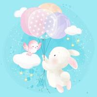 Simpatico coniglietto volare con palloncino vettore