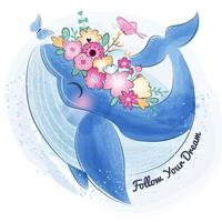 Carina piccola balena e fiore vettore