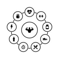 set di icone semplici su un tema fitness, vettore, design, raccolta, piatto, segno, simbolo, elemento, oggetto, illustrazione, isolato. sfondo bianco vettore