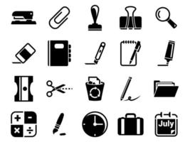 set di icone semplici su un tema cancelleria, ufficio, vettore, design, piatto, segno, simbolo, elemento, oggetto, illustrazione. icone nere isolate su sfondo bianco