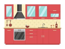 illustrazione piatta vettoriale, interni della cucina, mobili, attrezzature per la preparazione del cibo, stoviglie
