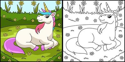 unicorno sdraiato sul campo di fiori da colorare pagina vettore