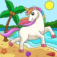 unicorno che passeggia sulla spiaggia colorata cartone animato vettore