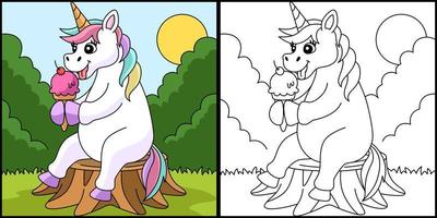 pagina da colorare di unicorno che mangia il gelato vettore