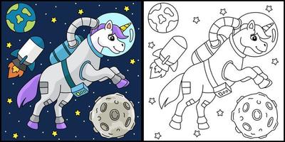 unicorno astronauta nello spazio da colorare pagina colorata vettore